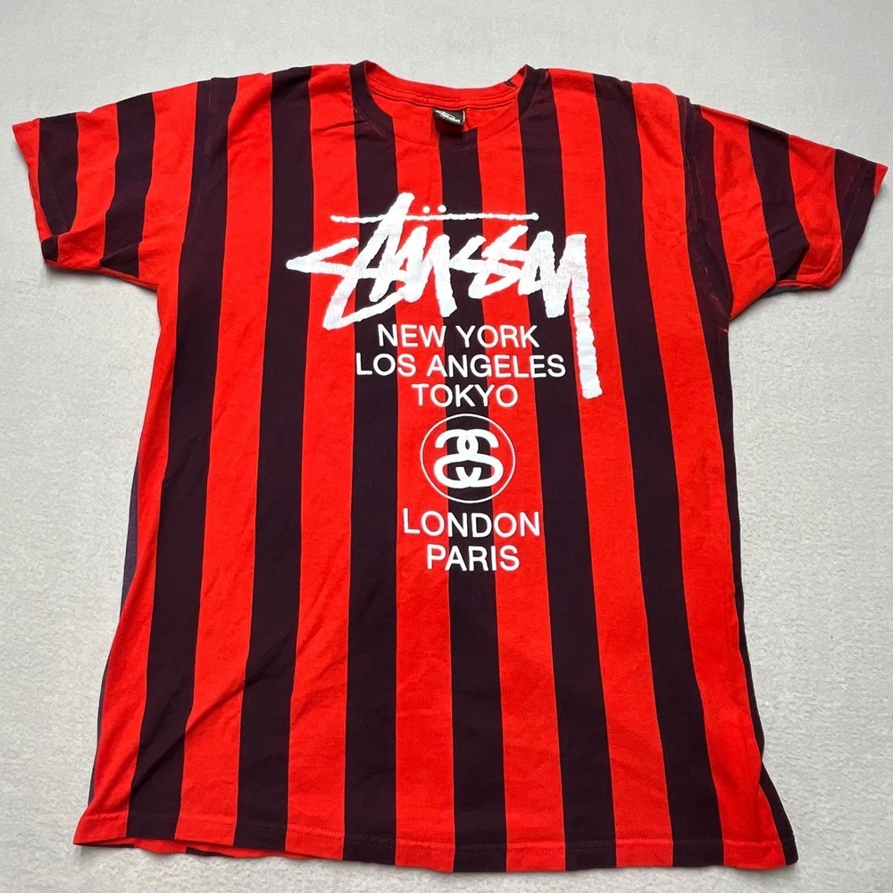 Stussy Striped T Shirt Red Black‎ Logo Graphic Tee Men Large
